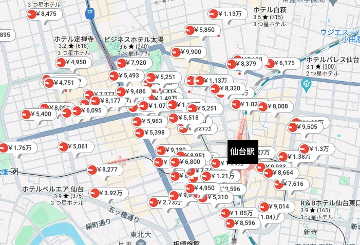 仙台駅は西口にホテルが多い